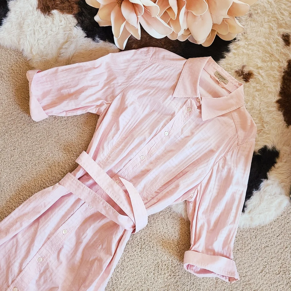 Burberry London Pink Embossed Plaid Belted Button Down Shirt Dress Women's Large - Picture 13 of 15